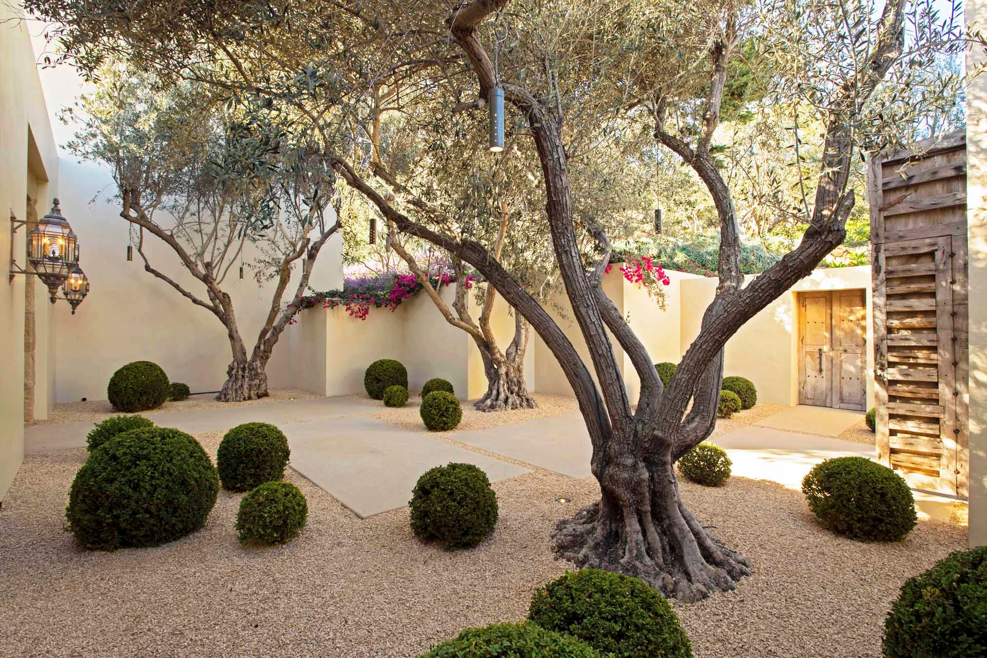 Gravel courtyard with boxwood globes